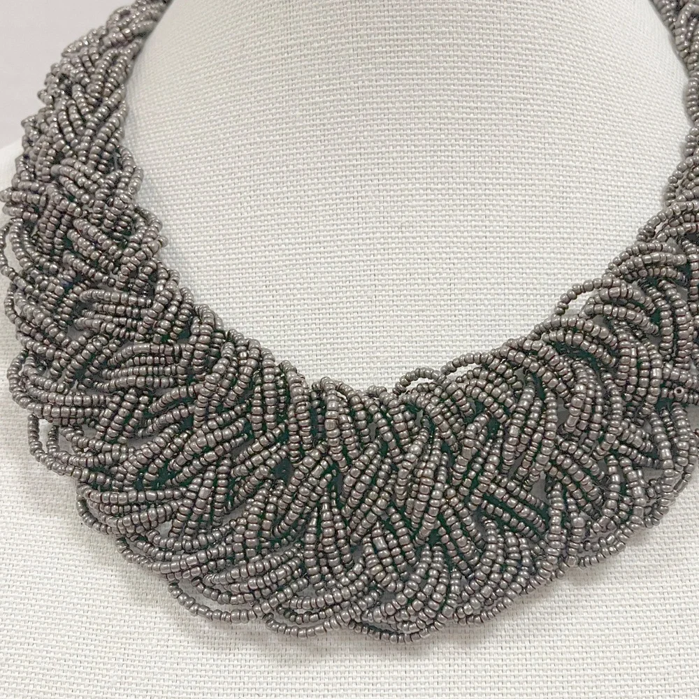 Vintage Gray Seed Bead Woven Collar Necklace - Picture 3 of 6